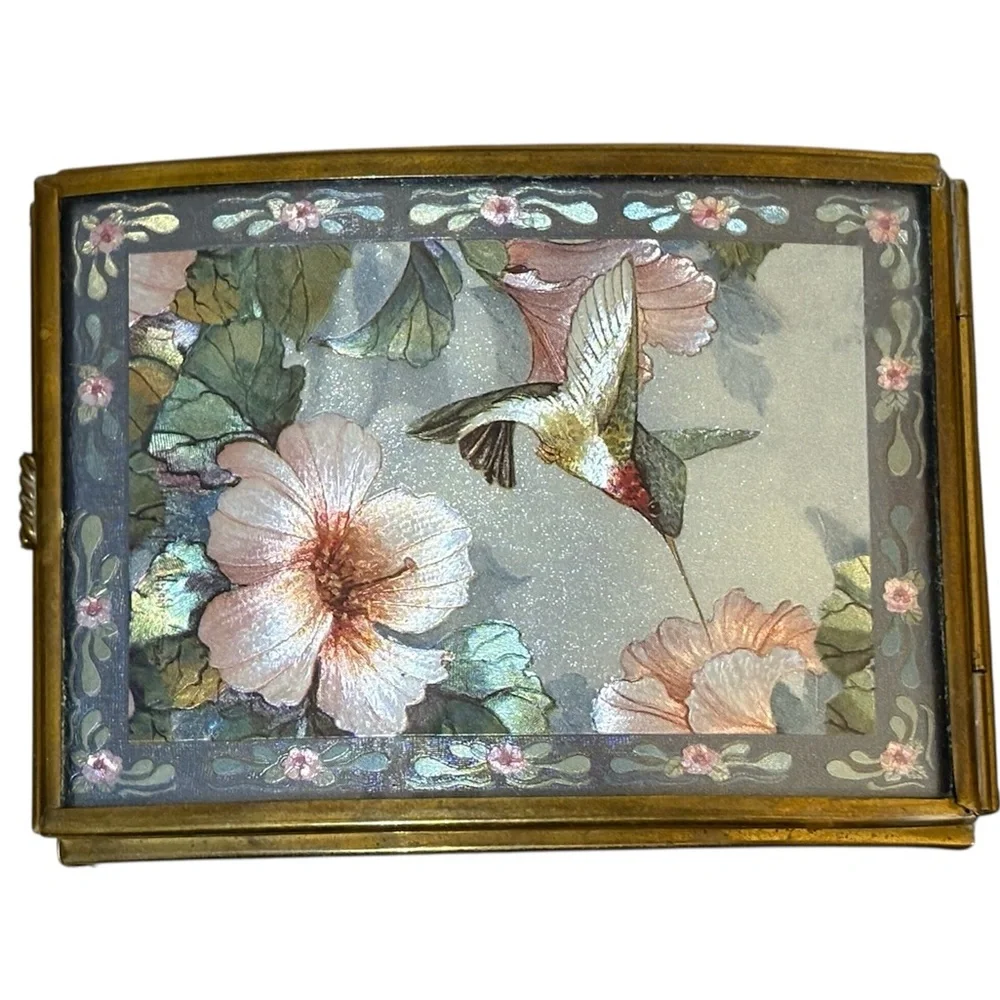 VTG Enesco Glass and Brass Jewelry Trinket Music Box With Floral & Hummingbirds